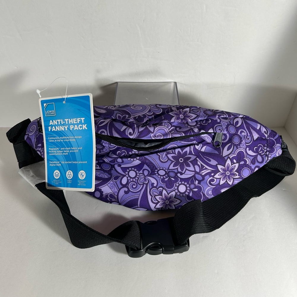 Lewis N Clark Anti-Theft Fanny Pack Purple Floral Cross Body. NWT.